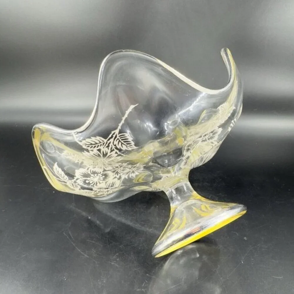 Vintage Viking Clear Footed Dish Bowl With Silver Overlay Flowers Pattern‎ VTG